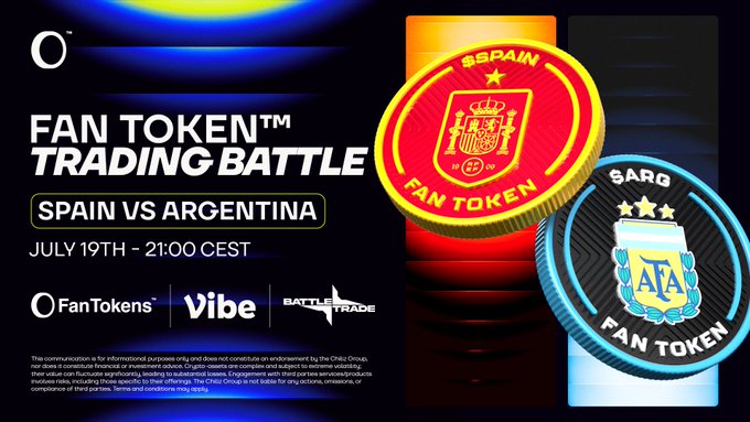 An advertisement for a 'FAN TOKEN TRADING BATTLE' between Spain and Argentina on July 19th at 21:00 CEST, featuring red Spain and blue Argentina fan tokens alongside FanTokens, Vibe, and Battle Trade logos.