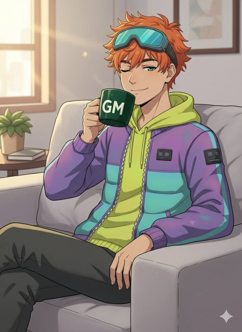 An anime-style illustration of a smiling orange-haired boy wearing goggles and a colorful jacket, sitting on a couch and holding a green mug labeled 'GM'.