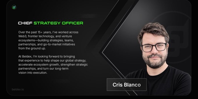 A promotional announcement graphic features a headshot of Cris Blanco, identified as the new Chief Strategy Officer of Beldex, alongside text highlighting his 15+ years of experience in Web3, frontier technology, and venture ecosystems, with the goal of shaping Beldex's global strategy and accelerating ecosystem growth.
