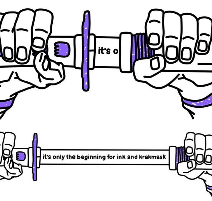 Two line-drawn hands grip a purple and white connector or clamp device, with the upper image showing the text 'it's o' and the lower image reading 'it's only the beginning for ink and krakmask'.