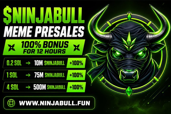 The image is a promotional graphic for the "$NINJABULL" meme token presale, featuring a fierce black bull with glowing green eyes and horns set within a circular green and black emblem. Bold text announces "100% BONUS FOR 12 HOURS" alongside tiered purchase options: 0.2 SOL yields 10M $NINJABULL, 1 SOL yields 75M, and 4 SOL yields 500M, all with a +100% bonus, directing buyers to ninjabull.fun. The graphic visually reinforces the accompanying post's call to action for the limited-time presale on the Solana network.