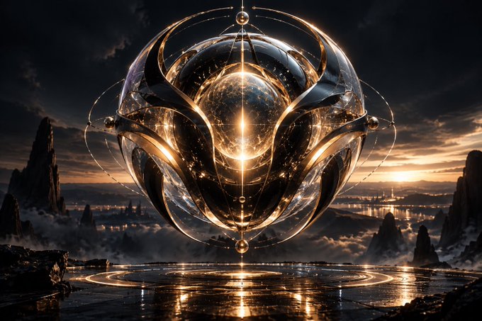 A surreal digital artwork of a glowing golden spherical structure hovering over water at sunset, surrounded by jagged dark rock formations in a dramatic landscape.