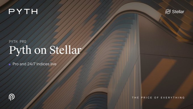 A promotional graphic announcing 'PYTH PRO - Pyth on Stellar' with the tagline 'Pro and 24/7 Indices live' and 'THE PRICE OF EVERYTHING,' featuring logos for Pyth Network and Stellar.