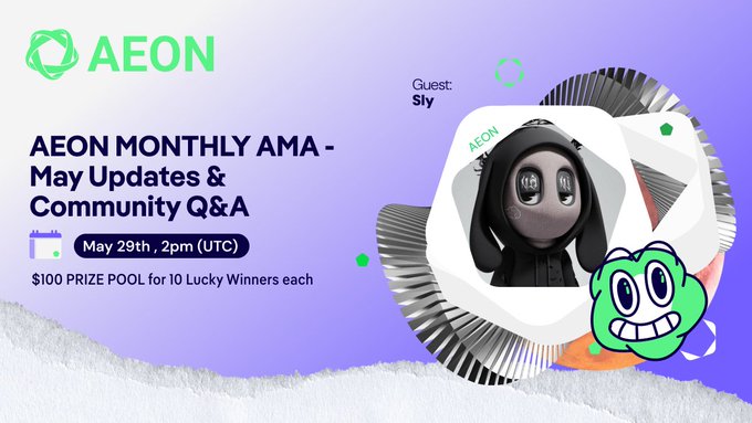 The image features a poster for an event called "AEON Monthly AMA" that takes place every month at a pool party. The poster includes a cartoon character wearing a black hoodie with a face, which adds a fun and engaging element to the presentation. The text on the poster encourages people to participate in the community AMA by sharing their questions or ideas about AEON, as well as discussing what's next for the company.