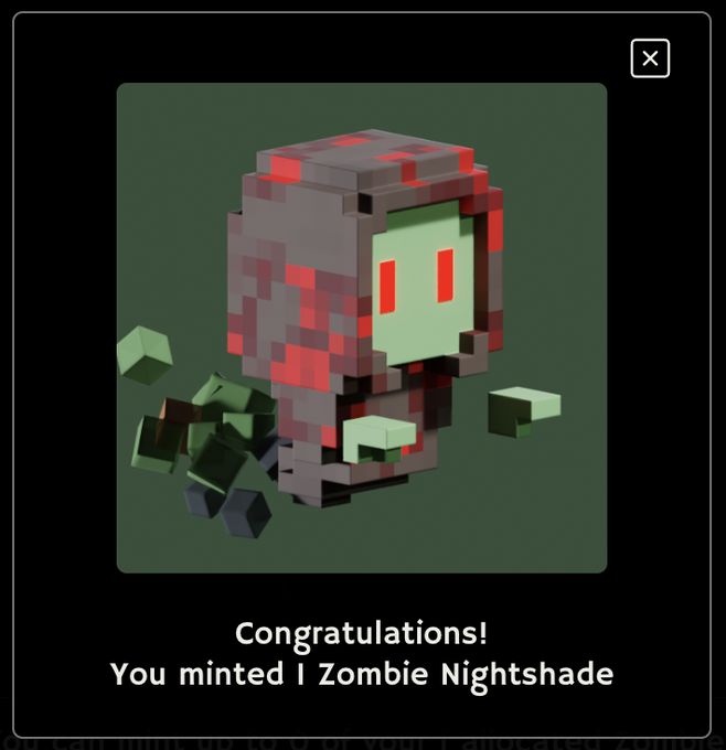 A digital screen displays a voxel-style 'Zombie Nightshade' character with the text 'Congratulations! You minted 1 Zombie Nightshade'.