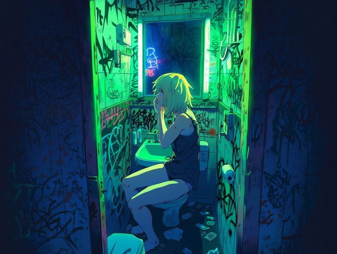 In this digital art piece, there's an illustration of a girl sitting on a toilet with her head down. The room she's in has graffiti all over the walls, giving it a dark and edgy atmosphere. The girl appears to be looking at something or someone outside the frame, possibly contemplating or reacting to what she sees.

The image also includes text that reads "Focus on what is in the image and how it relates to the post". This suggests that the artist might have been inspired by a recent post about crypto or cryptocurrency trends, which could be related to the girl's situation in the artwork. The combination of the dark room with graffiti and the girl looking at something outside the frame creates an intriguing and thought-provoking scene.