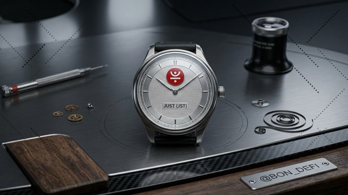 A product shot of a 'JUST (UST)' branded wristwatch with a silver face and black leather band, displayed on a carbon fiber surface with watchmaking tools.
