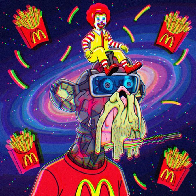A psychedelic, glitch-style illustration features Ronald McDonald sitting atop a melting, VR-headed figure wearing a McDonald's-branded shirt, surrounded by floating french fry boxes against a swirling galaxy background. The "Gn mfers" caption aligns with the trippy, "goodnight" meme vibe of the surreal, distorted fast-food nightmare imagery.