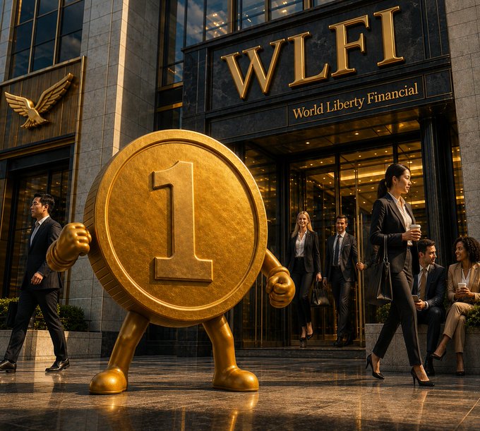 A large golden coin character with the number '1' stands in front of the 'WLFI / World Liberty Financial' building entrance, with businesspeople in suits walking by.