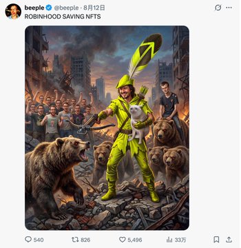 A tweet from user @beeple dated August 12th with the text "ROBINHOOD SAVING NFTS," featuring AI-generated artwork of a figure in a yellow hazmat suit with a Robinhook symbol holding a small white dog, surrounded by bears in a post-apocalyptic urban setting.