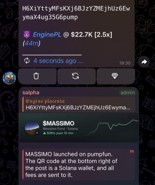 A Telegram chat screenshot discussing 'EnginePL' and '$MASSIMO', mentioning a token launch on pump.fun with a QR code.