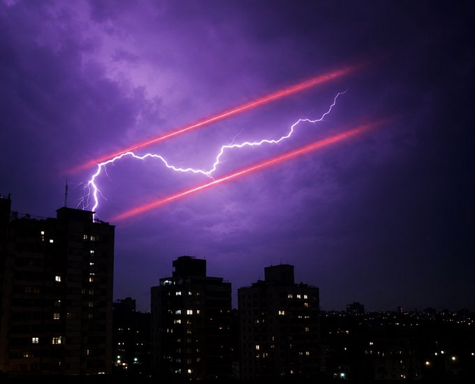 A dramatic nighttime cityscape with purple clouds, featuring bright lightning bolts and red light streaks across the sky above silhouetted buildings.