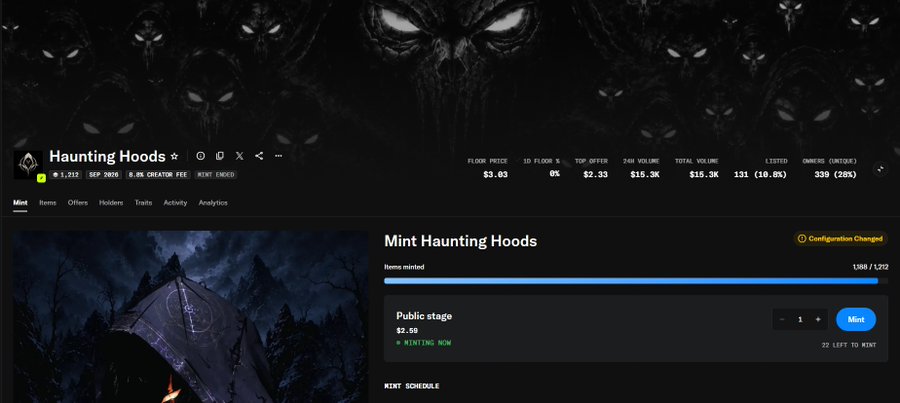 An NFT minting page for 'Haunting Hoods' showing a floor price of $3.03 and a public stage minting price of $2.58, with 1308/1212 items minted.