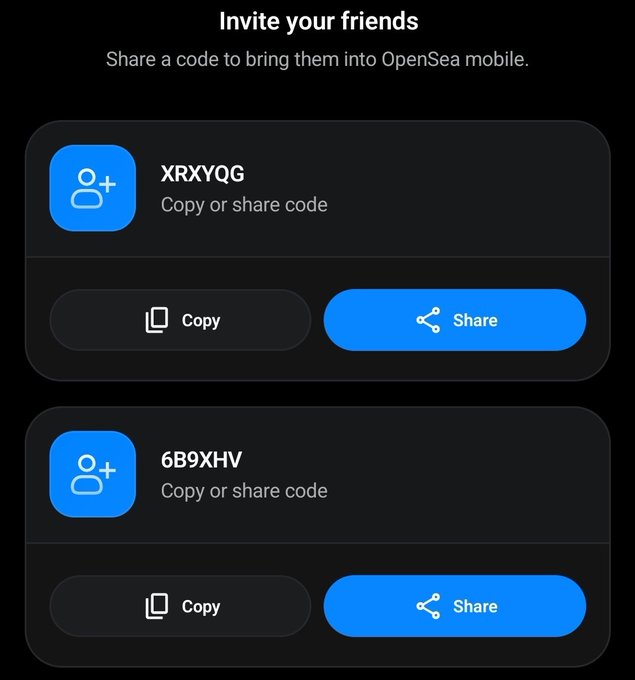 An OpenSea mobile app screen titled 'Invite your friends' showing two invite codes, 'XRXYQG' and '6B9XHV', with Copy and Share buttons for each.