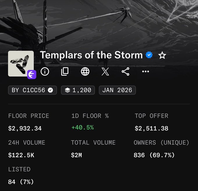 A screenshot of a crypto/NFT project page for 'Templars of the Storm,' displaying a floor price of $2,932.34, top offer of $2,511.38, and 836 unique owners.