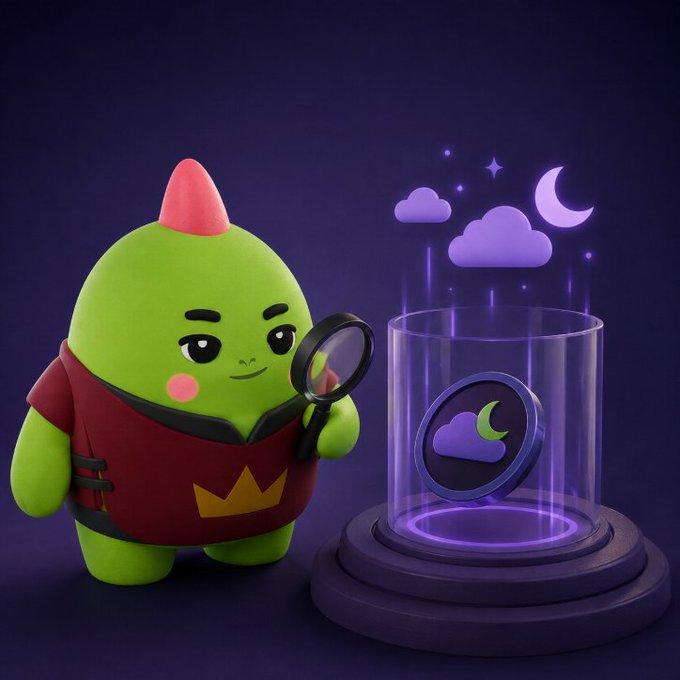A 3D rendering of a green cartoon character with a red crest and outfit holding a magnifying glass, examining a glowing purple cylindrical hologram containing a cloud and moon icon.