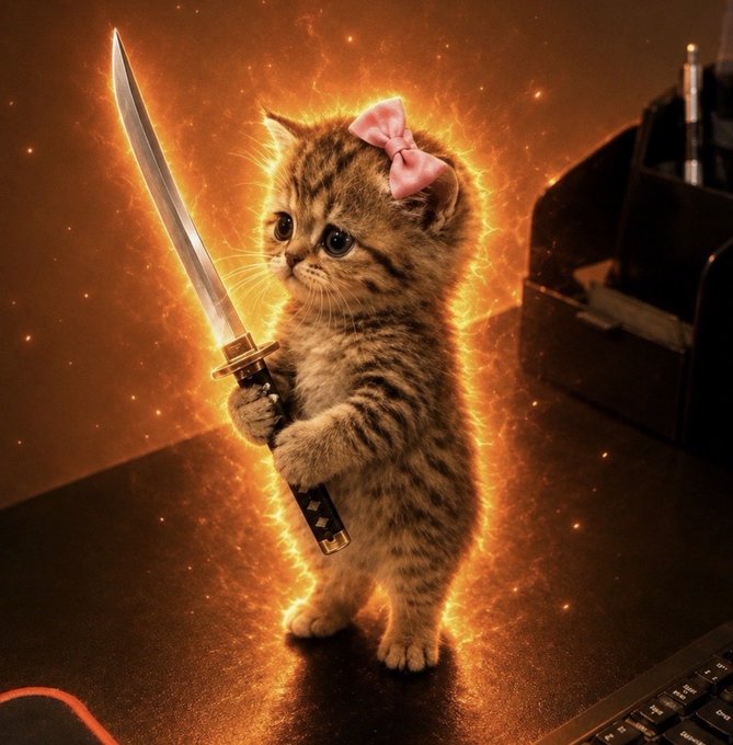 A fluffy tabby kitten stands on its hind legs holding a katana sword, wearing a pink bow on its head, set against a glowing orange fiery background.