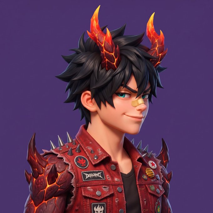 A stylized 3D character portrait of a young man with spiky black hair, glowing red horns, a bandaged nose, and a spiked red leather jacket covered in patches, set against a purple background.