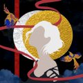 A stylized anime-style illustration featuring a white-haired character with a long tongue wrapped around a golden ring emblem against a dark starry sky background.