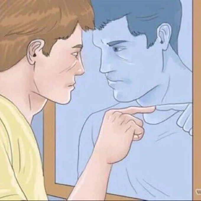 A person points accusingly at their reflection in a mirror, confronting a harsher, blue-toned version of themselves. The image illustrates the post's message about traders facing the emotional reality of losses during a bear market, urging them not to fear this difficult moment but to learn from it before the next bull cycle begins.