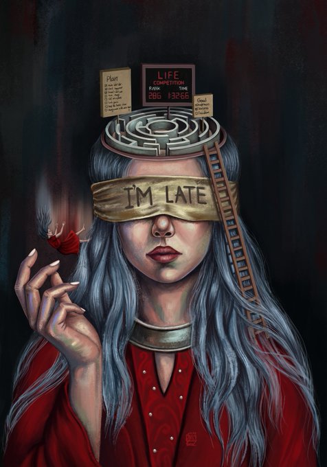A surreal painting of a woman with gray hair and a blindfold reading 'I'M LATE', featuring a maze on her head with a digital timer display for a 'LIFE COMPETITION' showing '286 : 13266'.