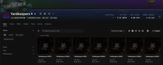 Yardkeepers NFT collection page on OpenSea showing a floor price of 0.21 ETH, a total volume of 0.00 ETH, and 3,333 items, with multiple listings at 0.21 ETH each.

The image directly supports the post's call to action, displaying the exact 0.21 ETH offer price mentioned for $YARD alongside a row of Yardkeepers NFTs available for purchase on OpenSea.