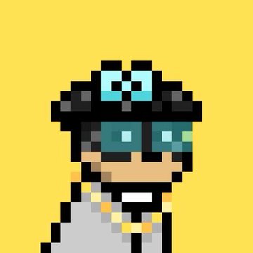 An 8-bit pixel art character with dark hair, teal sunglasses, and blue goggles on his head, set against a solid yellow background.