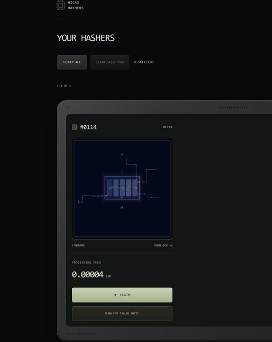 The image shows a "YOUR HASHERS" dashboard displaying a single NFT (Micro Hasher #0114, Helix standard, Overclock 45) with 0.00004 ETH in processing fees ready to claim, alongside a "BURN FOR 256.01 MICRO" option. This visualizes the post's claim of "4U earnings" from holding the last hash unit, demonstrating how early buyers capture processing fees while latecomers must split rewards and bear higher burn costs to participate.