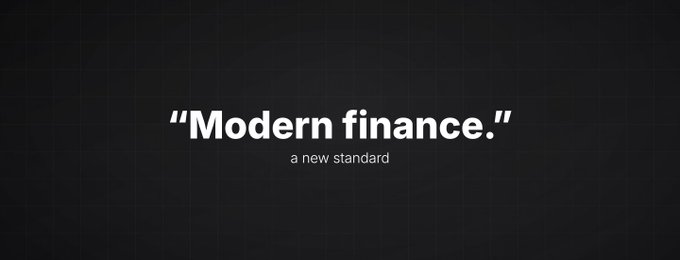 A dark banner with the white text "'Modern finance.'" and the subtitle "a new standard" against a subtle grid background.