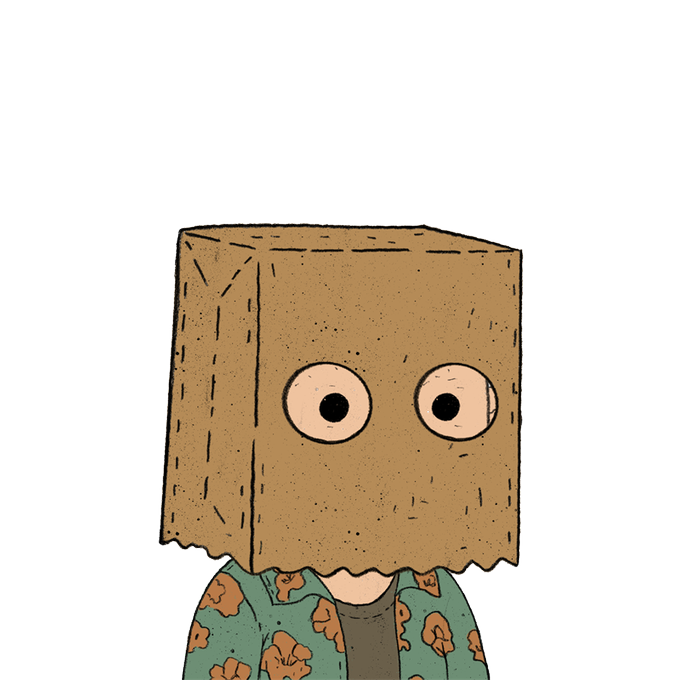 A cartoon illustration of a person wearing a brown paper bag over their head with eye holes cut out, dressed in a green shirt with an orange cloud pattern over a dark undershirt.
