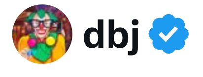 A profile graphic shows a clown avatar, the handle "dbj," and a blue verified checkmark badge.