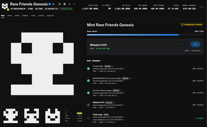 The image displays the mint page for "Rare Friends Genesis" NFT collection, showing a floor price of 1,977.00 USDC, total volume of 1,551.00 USDC, and 808 of 1,024 items already minted, with various stages listed including Whitelist FCFS currently minting at 0.50 AM GMT+7. This corresponds to the post highlighting the $1,977 floor price achieved by Rare Friends NFT despite not being sold out yet, with anticipation for the public round.