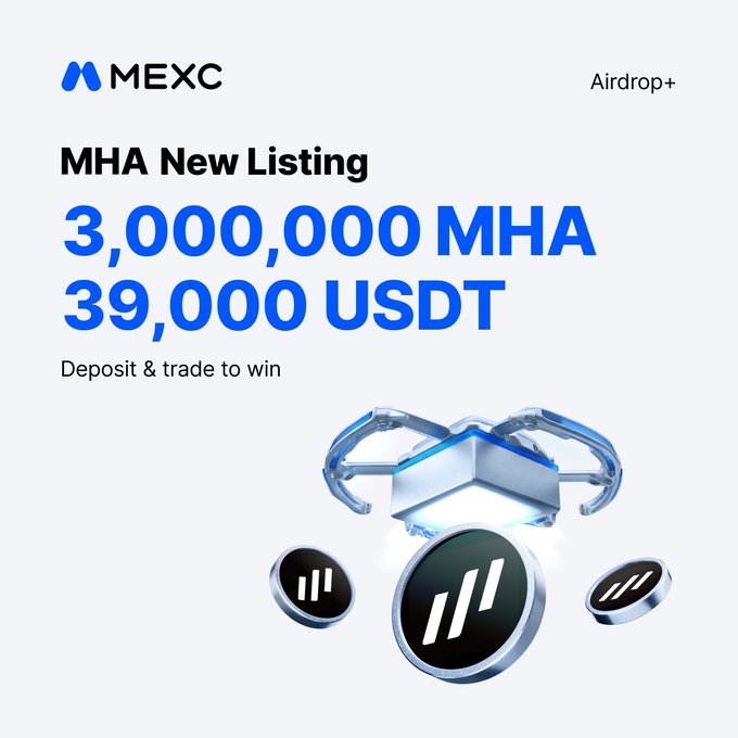 The image is a MEXC promotional graphic announcing a new Airdrop+ listing for $MHA, highlighting a prize pool of 3,000,000 MHA and 39,000 USDT for users who deposit and trade, featuring a 3D robotic chest surrounded by coins.