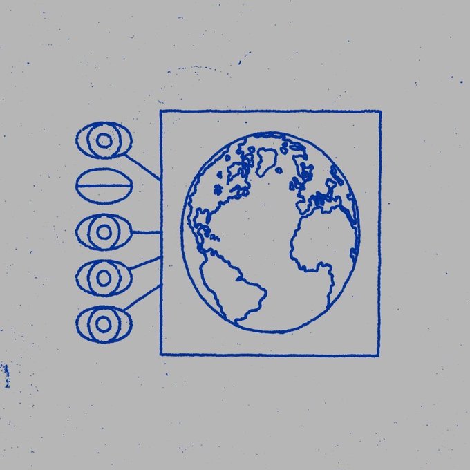A simple blue ink drawing depicts Earth inside a square frame, with five eye-like symbols connected by lines to the left side of the globe, evoking themes of global observation or surveillance. The post references "$ENTROPY," suggesting the imagery symbolizes widespread awareness, randomness, or observation tied to the cryptocurrency token.