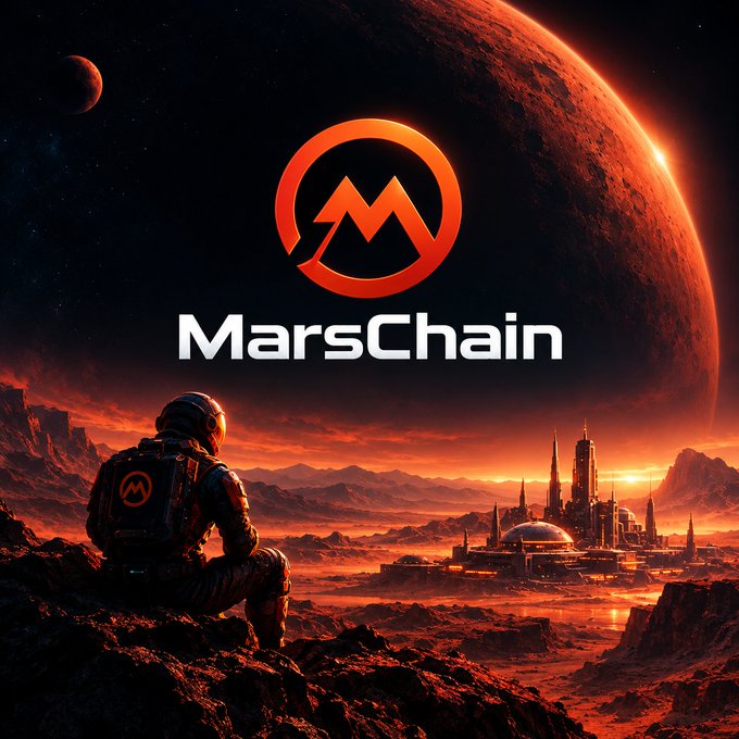 A futuristic astronaut wearing a backpack branded with the "M" MarsChain logo gazes out over a distant colony on the red planet, beneath the bold "MarsChain" wordmark and emblem. The sci-fi imagery reinforces the post's theme of reimagining blockchain participation in a forward-looking, accessible way beyond traditional mining setups.