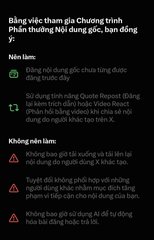 A Vietnamese-language mobile interface showing a program participation notice titled 'Bảng việc tham gia Chương trình Phân thưởng Nội dung gốc, bạn đồng hành y' with sections for benefits ('Nền lợi') and limitations ('Không nhận lãm').