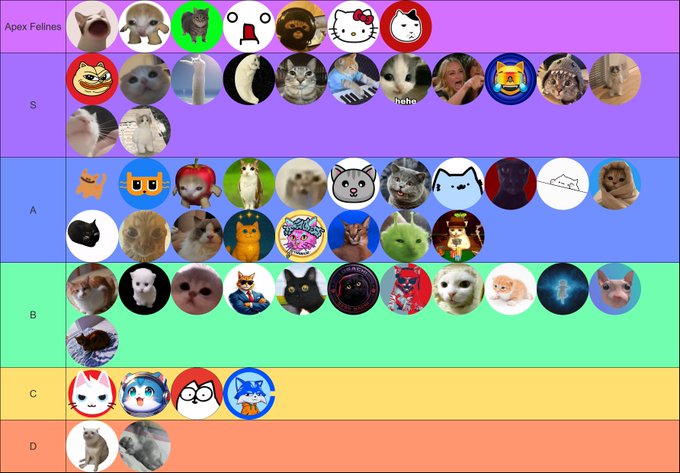 This image is an "Ultimate Cat Coin Tier List" called "Apex Felines" ranking various cat memes and icons from S-tier to D-tier. The categories are visually represented by rows and filled with circular profile pictures of different cats, perfectly illustrating the ranking concept.