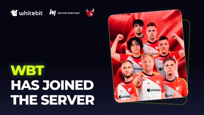 A promotional graphic announcing that "WBT HAS JOINED THE SERVER," featuring the WhiteBIT and WhiteMarket logos alongside the red-horned WBT team emblem, with a photo of six esports players in matching red and white WhiteBIT jerseys pointing toward the camera. The image visually reinforces the post's announcement of WhiteBIT Team (WBT) as W Group's new esports roster, already champions at the UESF Championship 2026 and aiming for the global Counter-Strike stage.