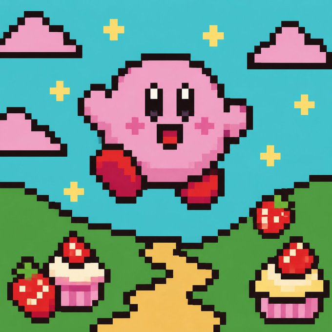 A pixel art illustration shows the pink character Kirby floating in a blue sky above green hills and a yellow path, surrounded by clouds and cupcakes topped with strawberries.