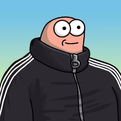 A cartoon character with a bald head and wide eyes wearing a black Adidas track jacket with white stripes against a blue gradient background.