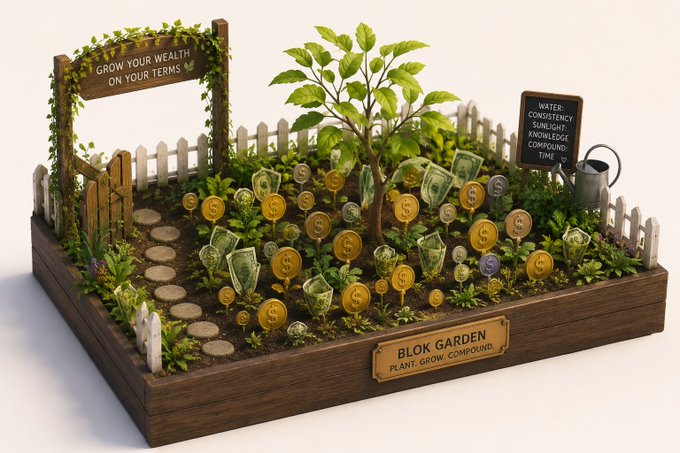 A conceptual image titled 'BLOK GARDEN' features a plant tree growing gold coins and dollar bills in a garden setting, with a sign reading 'GROW YOUR WEALTH ON YOUR TERMS' and another listing 'WATER, CONSISTENCY, SUNLIGHT, KNOWLEDGE, COMPOUND, TIME'.
