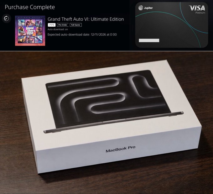 A screenshot of a completed purchase for "Grand Theft Auto VI: Ultimate Edition" via a Jupiter Visa Platinum card sits above a boxed MacBook Pro, visually illustrating the caption about using Solana DeFi profits to buy a MacBook and GTA 6 through a crypto debit card.