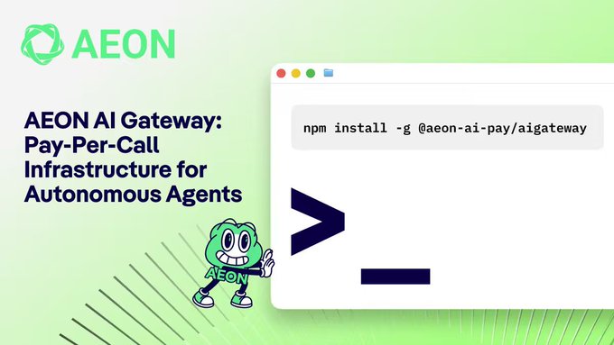 The image features a cartoon character holding up a computer screen with text that reads "AEON AI Gateway" and "Pay-Per-Call Infrastructure for Autonomous Agents". This suggests that the image is related to an advertisement or promotional material for the AEON AI Gateway, which is designed to provide agents with access to interconnected resources. The text also mentions that this gateway can be used by agents to access a universe of capabilities, potentially revolutionizing the way agents operate within the agentic economy.