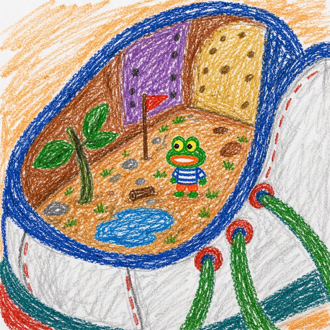 A child's colored pencil drawing shows a green frog in a blue and white striped shirt standing inside a shoe-shaped enclosure with a small pond, plants, and a red flag.
