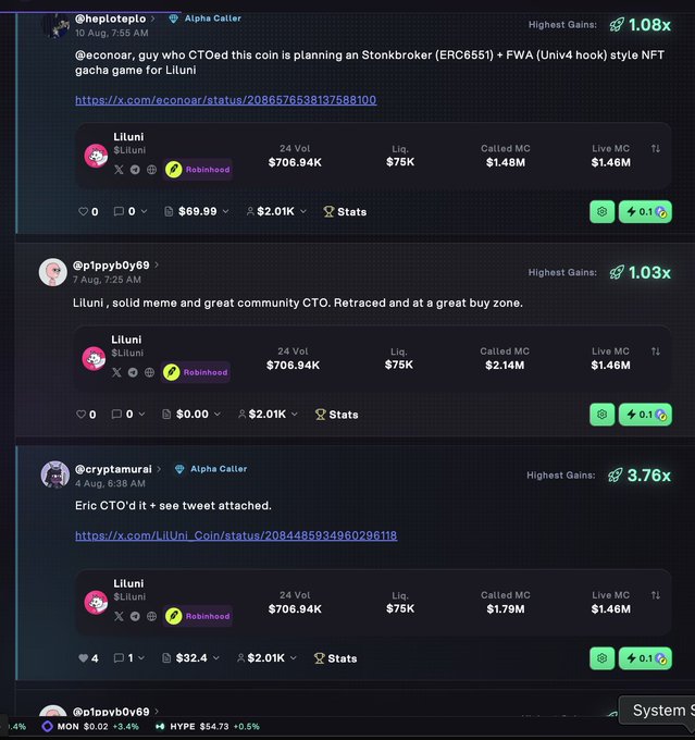 A screenshot of three crypto Twitter posts discussing the meme coin $Liluni (ERC6551 token), with analysts highlighting CTO signals and community support, including metrics like 24 Vol of ~$706.94K, Liquidity of $75K, and Called MC ranging from $1.46M-$2.14M—supporting the caption's claim about the correlation between strong theses from credible figures and token performance.