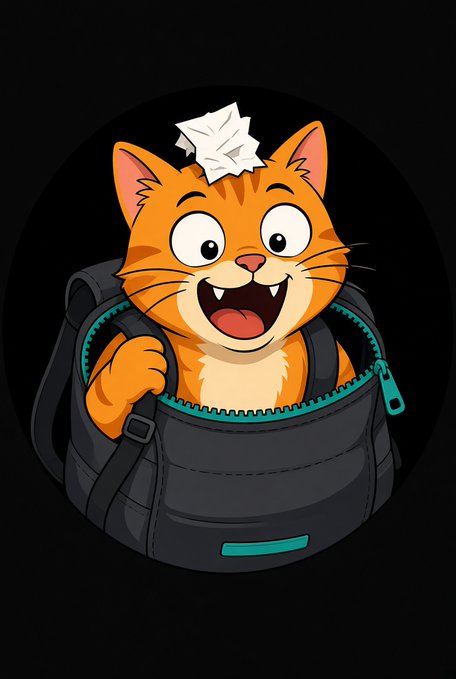 An adorable cartoon illustration of an orange tabby cat with a wide excited grin, wearing a backpack and holding a crumpled piece of paper on its head.