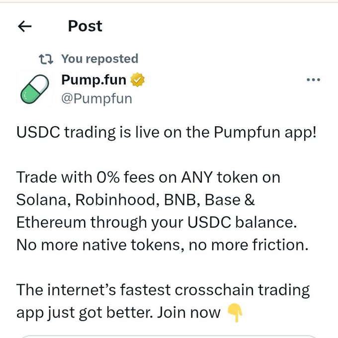 Reposted Pump.fun tweet announcing that USDC trading is live on the Pump.fun app with 0% fees on tokens across Solana, Robinhood, BNB, Base and Ethereum.