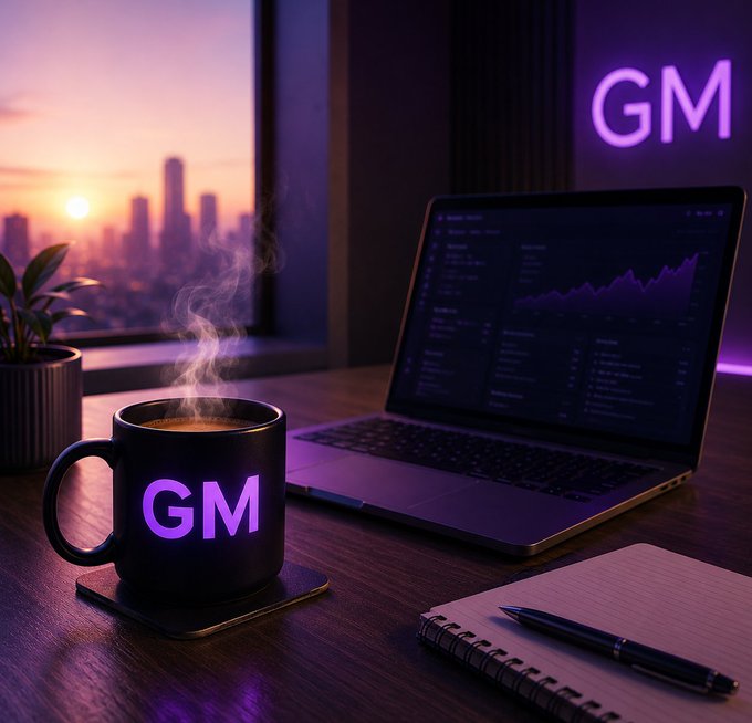A moody workspace scene features a black coffee mug with purple 'GM' lettering, a laptop showing a stock chart, a notebook with pen, and a glowing purple 'GM' neon sign in the background, set against a sunset city skyline.