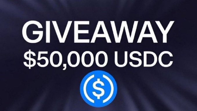 A promotional banner with a black background displaying 'GIVEAWAY $50,000 USDC' in large white text above a blue USDC cryptocurrency logo.
