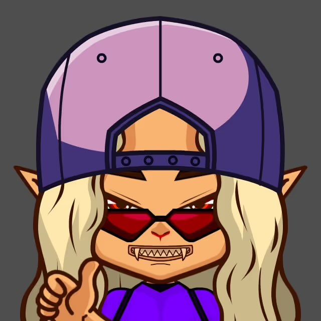 A cartoon-style illustration of a character with long blonde hair, pointed ears, and fangs, wearing a purple backwards cap and red-tinted sunglasses, making a hand gesture.